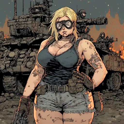 Prompt: large woman, blonde hair, muscles, goggles, tattoos, military vehicles background, nighttime setting, in <mymodel> style