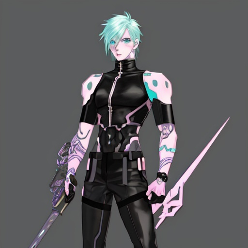 Prompt: anime pastel cyborg goth warrior, male, factory background, fine line 