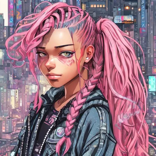Prompt: Young woman with pink hair, bangs, braids, wearing a jumpsuit, urban setting, manga art style, detailed facial features, vibrant colors, dynamic cityscape, high quality, anime, urban, pink hair, braids, manga art style, jumpsuit, detailed eyes, urban setting, vibrant colors, dynamic lighting
