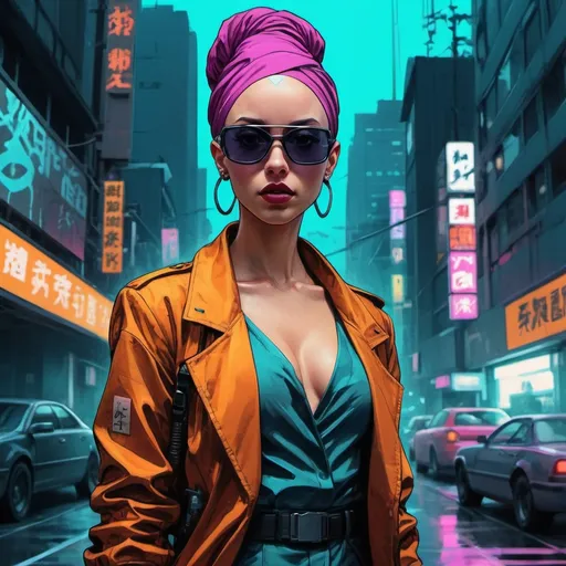 Prompt: Comic book style, cyberpunk, cute girl, bald, headwrap, sunglasses, suit, highly stylized, detailed illustration, intense colors, futuristic, urban setting, digital art, retro-futuristic, Tokyo Ghost style, Sean Murphy inspired, high contrast, vibrant colors, gritty urban, professional artwork