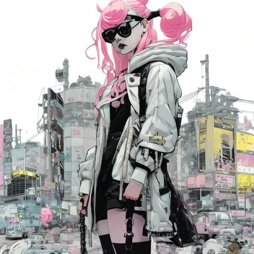 Prompt: illustration of a young woman with pink hair in two pigtails, comic style ((tokyo ghost, sean murphy)), oval shaped sunglasses ((white framed)), puffy oversized yellow jacket, pastel goth, black combat boots, dynamic pose, detailed, stylized, 3d rendered industrial background