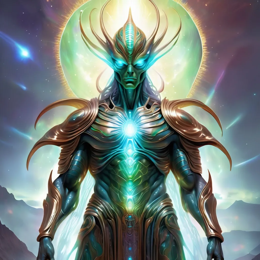 Prompt: Alien Greek god, digital illustration, towering presence, glowing energy aura, intricate alien-style armor, majestic and otherworldly, high quality, digital art