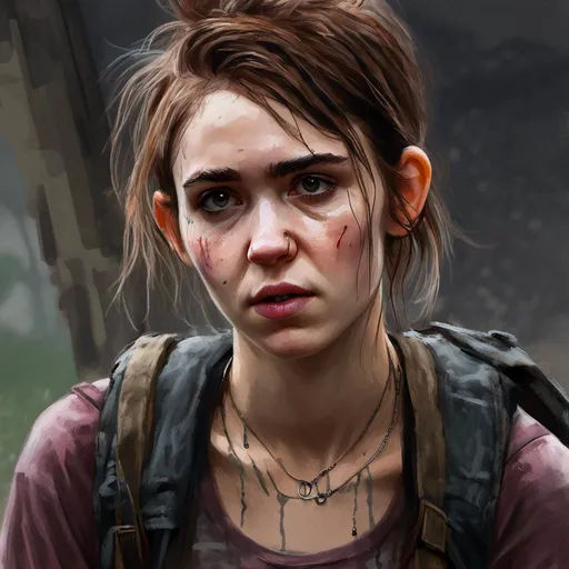 Prompt: <mymodel>Realistic digital painting of Ellie from The Last of Us, intense and determined expression, post-apocalyptic setting, detailed facial features, worn-out clothing, high quality, realistic, digital painting, post-apocalyptic, intense expression, determined, detailed facial features, worn-out clothing, atmospheric lighting
