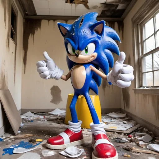 Prompt: sonic the hedgehog trashing an abandoned house, spray painted walls