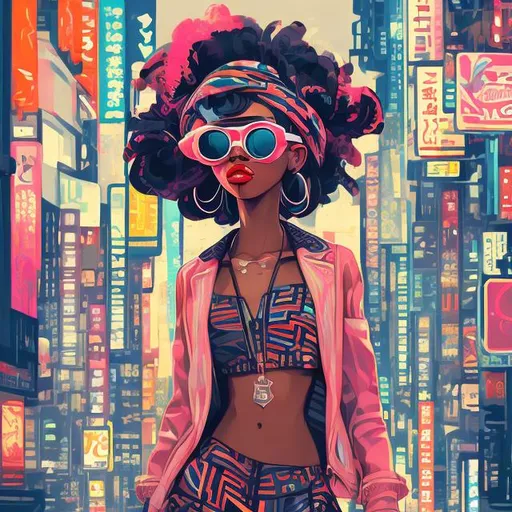 Prompt: full view, full body view, standing, painting, african american, cute girl, anime style, headwrap, sunglasses, suit, highly stylized, highly stylized art style, cute art style, detailed illustration, urban setting, digital art, vivid colors, high contrast, professional artwork, abstract tokyo background