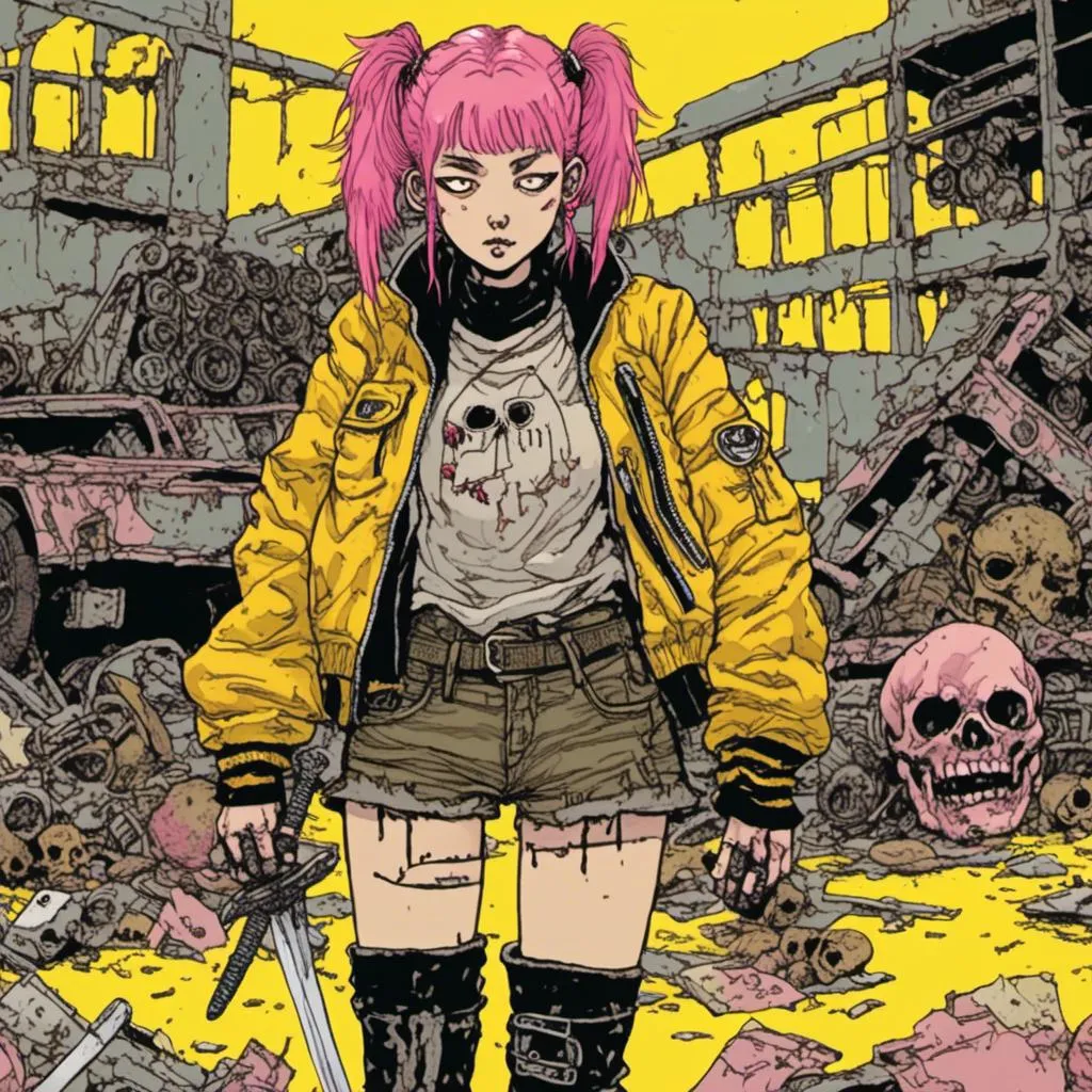 Prompt: woman with pink hair in two pigtails, wearing yellow bomber jacket, combat boots, sword, scrapyard background, in <mymodel> style