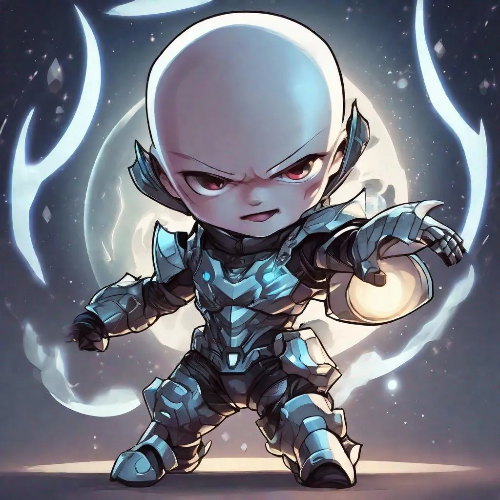 Prompt: chibi manga villian, bald, pale skin, glowing eyes, futuristic armor, action pose, moon setting