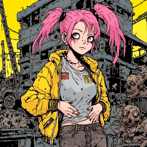 Prompt: woman with pink hair in two pigtails, wearing oversized yellow bomber jacket, combat boots, nighttime setting, scrapyard background, in <mymodel> style