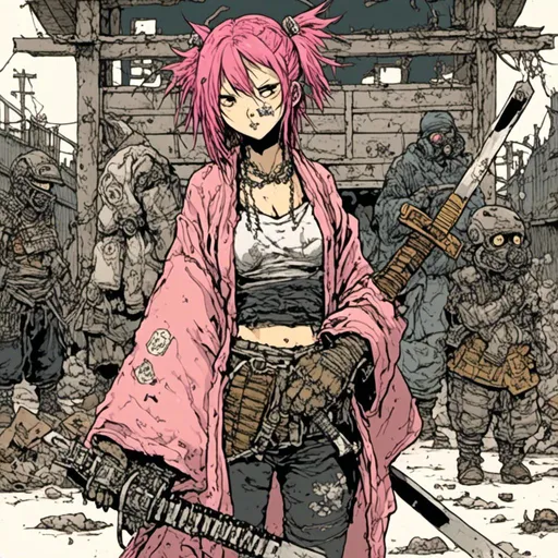 Prompt: Japanese samurai girl, pink hair, bandana face mask, kimono, sword, junkyard background, in <mymodel> style