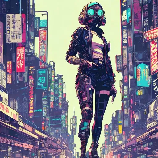 Prompt: full view, full body view, Comic book style, cyberpunk, cute girl, bald, headwrap, sunglasses, suit, highly stylized, detailed illustration, intense colors, futuristic, urban setting, digital art, Tokyo Ghost style, Sean Murphy inspired, high contrast, gritty urban, professional artwork