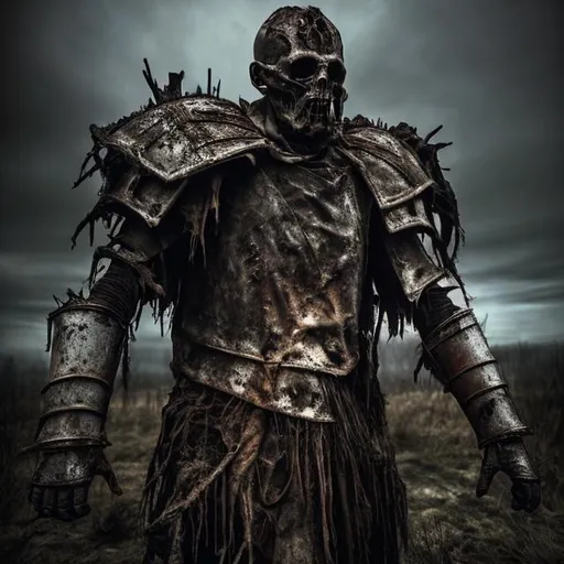 Prompt: Rotted ancient warrior, oil painting, decaying armor, haunted battlefield, eerie atmosphere, high contrast, dark and moody, supernatural aura, tattered cloak, dramatic lighting, weathered, haunting, mysterious, high quality, oil painting, ancient warrior, decaying armor, haunted, eerie, dark and moody, supernatural, tattered cloak, dramatic lighting, weathered