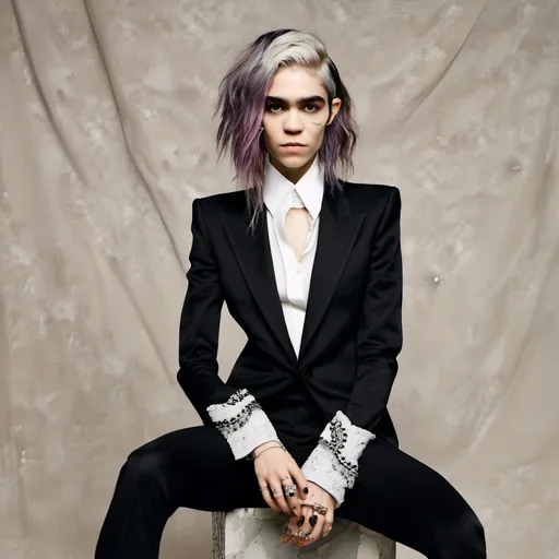 Prompt: full view, full body view, <mymodel>Professional portrait of unisex hair style, black haute couture suit, vogue magazine style photoshoot, non-binary, luxury fashion, high-end material, detailed design, high quality, realistic, luxury, professional, elegant, formal attire, unisex haircut, tailored suit, designer fashion, confident gaze, high-end fabric, neutral tones, crisp lighting
