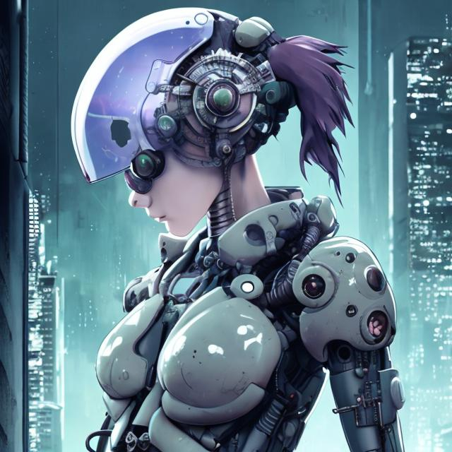 Prompt: ghost in the shell inspired, cyborg girl, bald head, goggles, dynamic pose, urban setting
