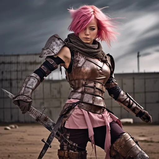 Prompt: Dynamic pose of a petite woman with pink hair, wearing brown scarf and armor, in desolate setting, high quality, detailed and atmospheric lighting, armor, desolate setting, dynamic pose, pink hair, petite frame, brown scarf, professional, detailed, <mymodel>, armor, atmospheric lighting