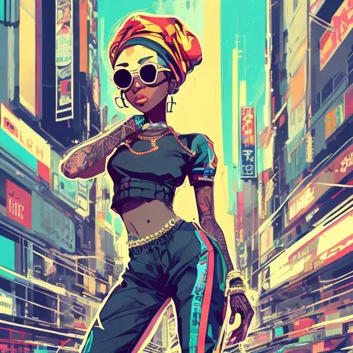 Prompt: full view, full body view, standing, african american, cute girl, anime style, bald, headwrap, sunglasses, suit, highly stylized, highly stylized art style, exaggerated art style, messy art style, cute art style, detailed illustration, urban setting, digital art, vivid colors, high contrast, professional artwork, abstract tokyo background