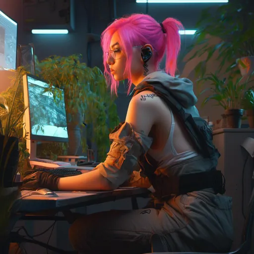 Prompt: Twitch streamer girl with pink hair, wearing a jumpsuit, sitting at desktop gaming computer, neon lighting, plants, apartment setting, in <mymodel> style