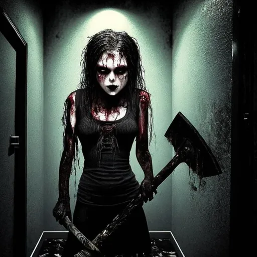 Prompt: Creepy axe-wielding goth girl in a motel hallway, eerie lighting, horror, dark tones, detailed facial features, gritty and unsettling, high quality, realistic, horror, dark, detailed eyes, blood splatters, vintage, atmospheric lighting