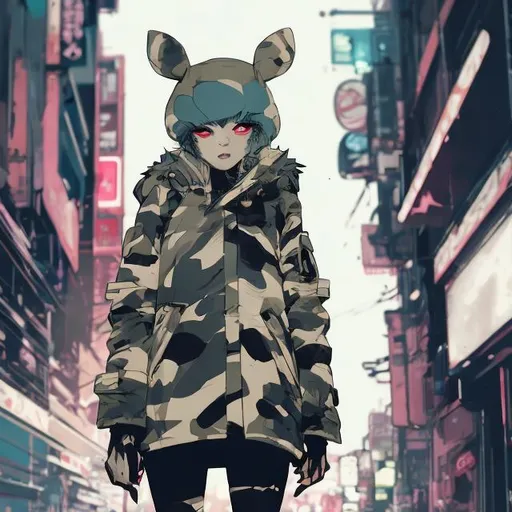 Prompt: cute girl in camoflouge parka, full body view, comic style ((tokyo ghost, sean murphy)), cute, highly stylized artstyle, atmospheric background, wide view, digital illustration, ultra hd, extreme long shot, telephoto lens, cute anime art style, motion blur, wide angle lens, deep depth of field, deep blue color scheme, pastel color scheme