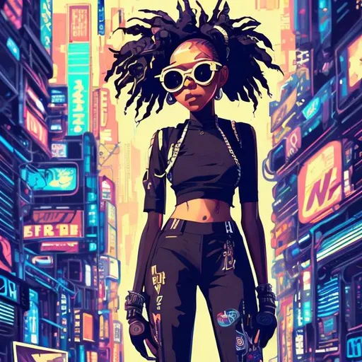 Prompt: full view, full body view, african american, cute girl, anime style, bald, headwrap, sunglasses, suit, highly stylized, highly stylized art style, exaggerated art style, cyberpunk, cute art style, detailed illustration, urban setting, digital art, vivid colors, high contrast, gritty urban, professional artwork