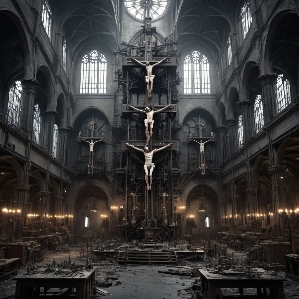 Prompt: sprawling demonic industrial cathedral, gruesome macabre crucifix, dystopic military setting
