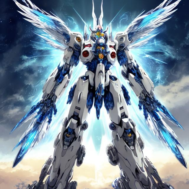 Prompt: Anime illustration of an angelic mech suit in space, white, blue and yellow color scheme, futuristic space setting, intricate mechanical details, ethereal wings with shimmering feathers, high-tech weaponry, cosmic energy effects, highres, ultra-detailed, anime, sci-fi, futuristic, angelic, intricate mechanical details, cosmic energy effects, celestial color tones, space setting