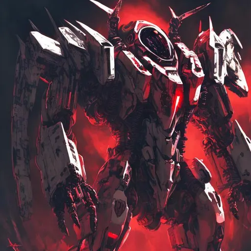 Prompt: Anime mech suit in space, devil-themed, red, black, white color scheme, futuristic, detailed design, highres, ultra-detailed, anime, sci-fi, devil theme, space, red, black, white, futuristic design, high-tech, atmospheric lighting