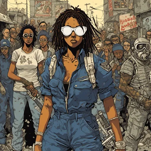 Prompt: young African American woman, wearing a navy blue jumpsuit, oval-shaped white sunglasses, sword, crowded urban background, in <mymodel> style