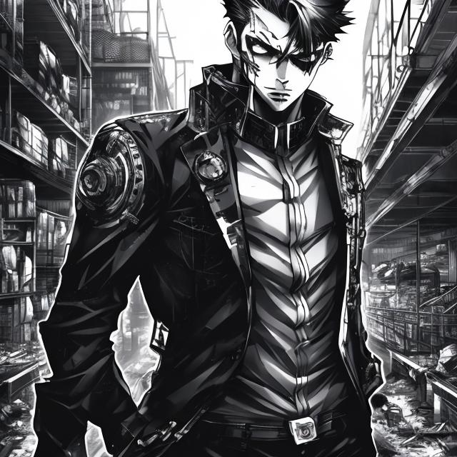 Prompt: manga illustration of a man in a black and white suit, dynamic pose, eyepatch, industrial warehouse setting, detailed design, intense expression, manga, dynamic, industrial setting, detailed hair, professional