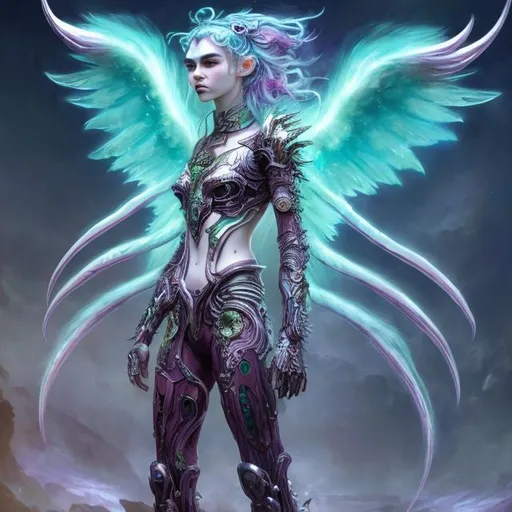 Prompt: Full body view of Grimes as a futuristic Elden Ring character, ethereal, multicolor hair, angel wings, high detail, vibrant colors, fantasy art, futuristic, angelic, surreal, otherworldly, detailed facial features, professional, fantasy setting, otherworldly background, dynamic pose, realistic