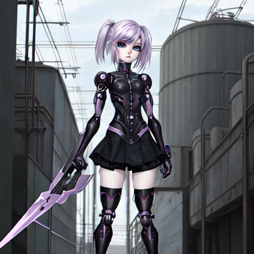 Prompt: anime pastel cyborg goth warrior, factory background