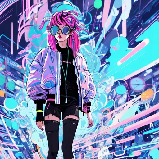 Prompt: wide standing view, full body view, petite 21 year old anime woman, pink hair, bangs, two braids, stylish, sunglasses ((white, oval frame)), puffy bomber jacket, black combat boots, highly stylized artstyle, messy abstract backround with neon signs, wide view, digital illustration, ultra hd,  motion blur, deep blue color scheme, pastel color scheme