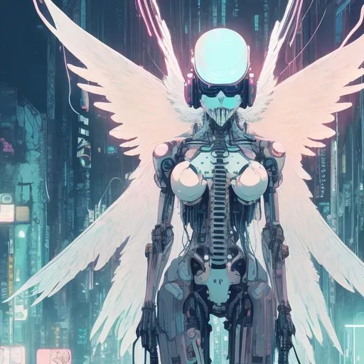Prompt: illustration of an ethereal cyberpunk angel, comic style ((tokyo ghost, sean murphy)), vr headset, skeletal form, pastel color scheme, ethereal glow, dynamic pose, detailed, stylized