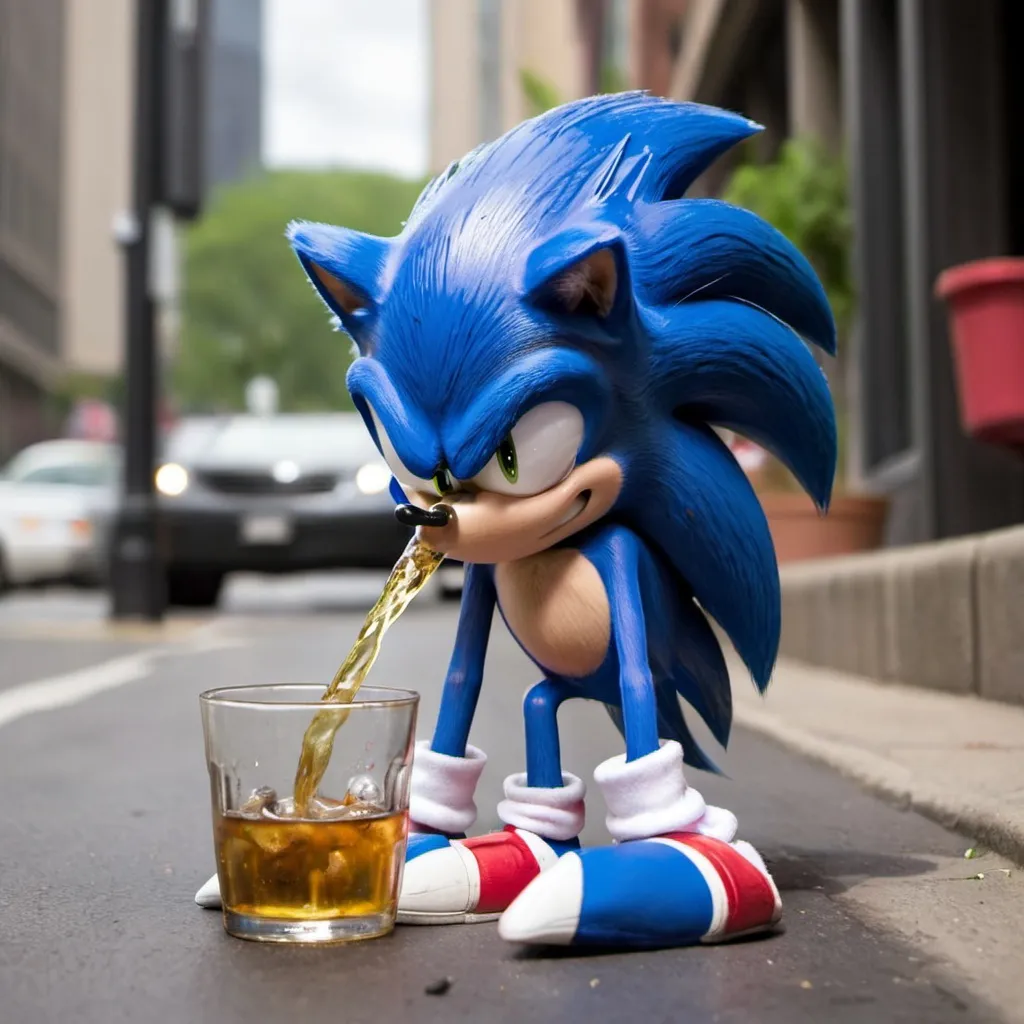 Prompt: sonic the hedgehog puking after a night of drinking