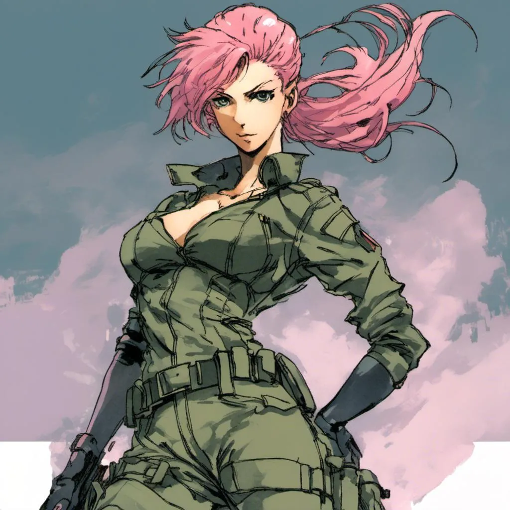 Prompt: <mymodel> woman in a khaki green jumpsuit, pink hair, mercenary, anime, action pose