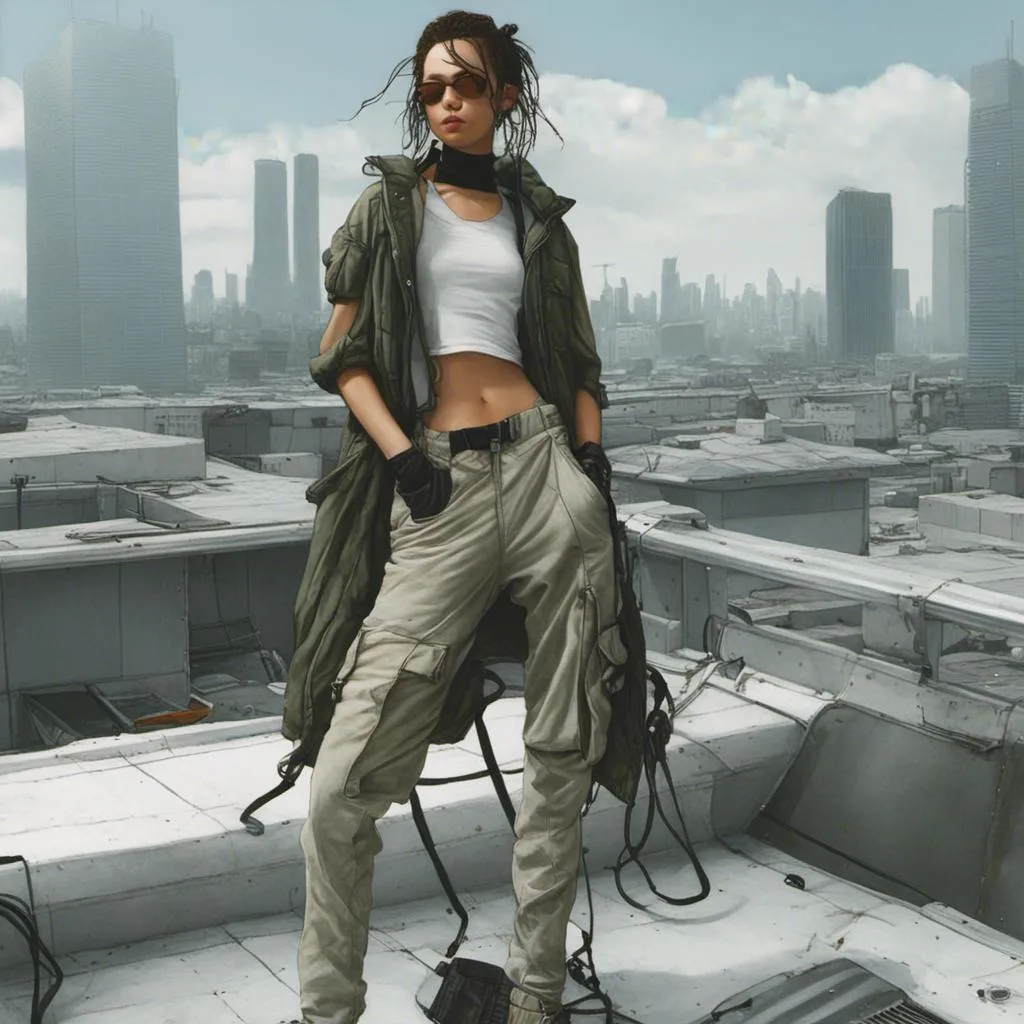 Prompt: digital art, <mymodel>female anime hacker character, oversized clothing, confident pose, rooftop setting, futuristic cityscape