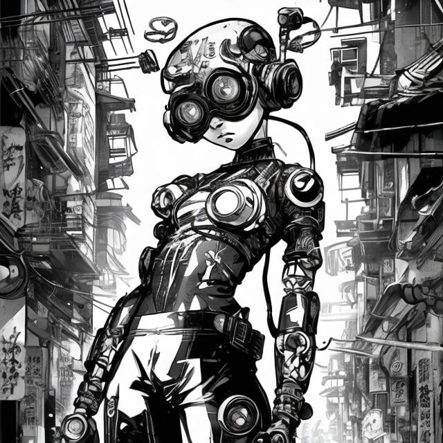 Prompt: cyborg girl, bald head, goggles, dynamic pose, Chinatown setting, black and white manga art style

