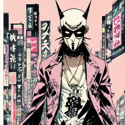 Prompt: illustration of a pastel goth yakuza boss, comic style ((tokyo ghost, sean murphy)), wearing mask, pastel color scheme, dynamic pose, detailed, stylized, tokyo background