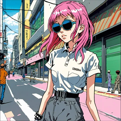 Prompt: <mymodel>young woman with pink hair, round sunglasses, urban street setting, urban fashion, trendy