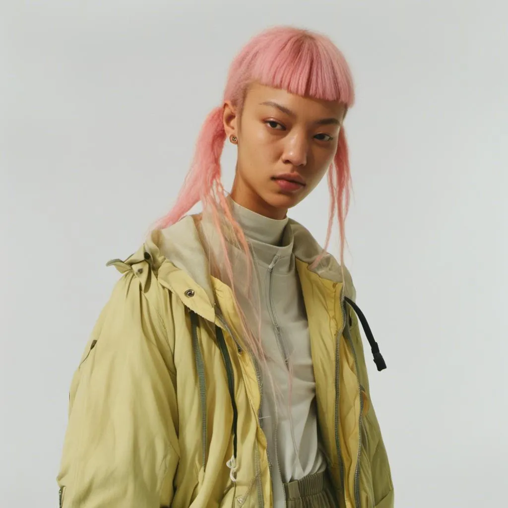 Prompt: <mymodel> woman in yellow bomber jacket, with pink hair in two pigtails