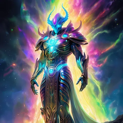 Prompt: Alien Greek god, digital illustration, towering presence, glowing energy aura, intricate alien-style armor, majestic and otherworldly, high quality, digital art, vibrant colors, cosmic lighting