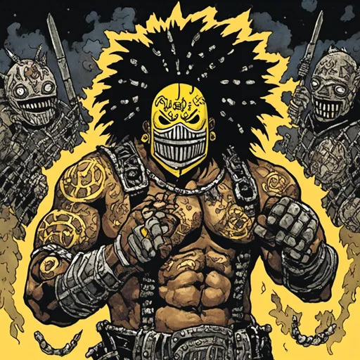 Prompt: Samoan man wearing a yellow smiley face mask, warrior, tattooed, muscular, big hair, nighttime arena background, in <mymodel> style