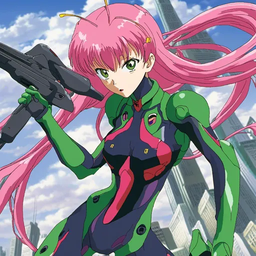 Prompt: <mymodel>warrior woman, green bodysuit, pink hair, weapons, fine line style