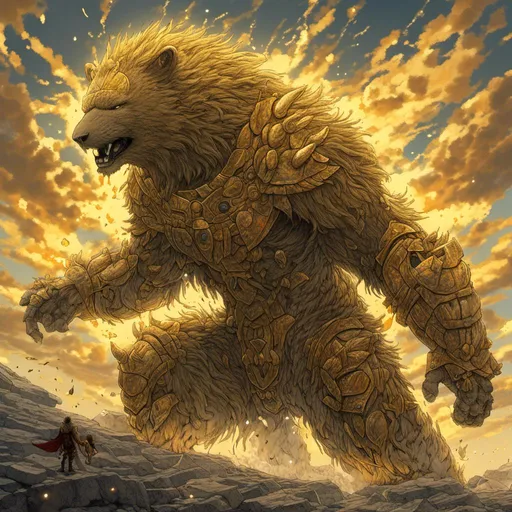 Prompt: <mymodel>Heroic ursine-like demigod, digital art, majestic fur with golden highlights, towering physique, radiant golden divine aura, epic battle scene, mythical fantasy, high quality, epic fantasy, majestic, divine glow, powerful stance, heroic, golden fur, ultra-detailed, digital painting, vibrant colors, dramatic lighting