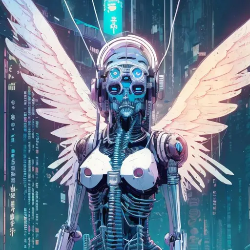 Prompt: illustration of an ethereal cyberpunk angel, comic style ((tokyo ghost, sean murphy)), vr headset, skeletal form, pastel goth, dynamic pose, detailed, stylized, 3d rendered background