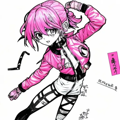 Prompt: Manga-style fine line drawing of a petite woman in an action hero outfit, pink hair, cute pose, wearing a yellow oversized bomber jacket over a black bodysuit, urban apartment complex setting, detailed features, dynamic pose, high quality, fine line drawing, manga style, pink hair, yellow bomber jacket, black bodysuit, cute pose, detailed features, dynamic posing, urban setting, professional, vibrant lighting