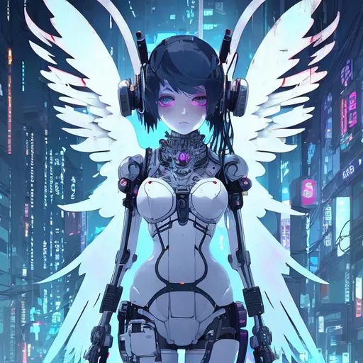 Prompt: ethereal cyberpunk angel, full body view, petite 21 year old anime girl, comic style((tokyo ghost, sean murphy)), vr headset, skeletal form, cute, highly stylized artstyle, messy abstract background, wide view, digital illustration, ultra hd, extreme long shot, telephoto lens, motion blur, wide angle lens, deep depth of field, deep blue color scheme, pastel color scheme