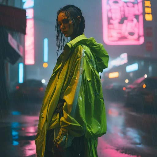 Prompt: <mymodel>sad woman standing in the rain, neon city street, futuristic fashion, cyberpunk aesthetic