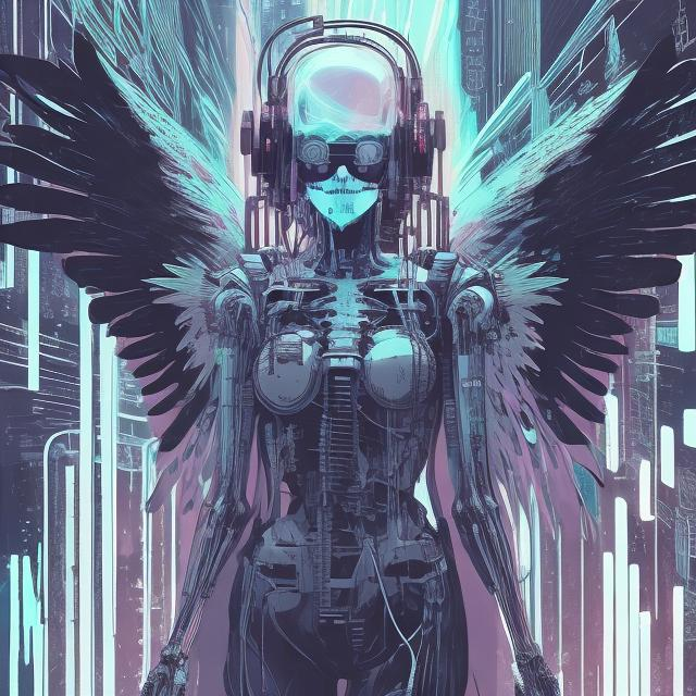 Prompt: illustration of an ethereal cyberpunk angel, comic style ((tokyo ghost, sean murphy)), vr headset, skeletal form, black t-shirt with graphic on it, pastel color scheme, ethereal glow, dynamic pose, detailed, stylized