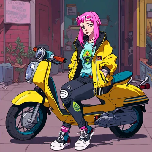 Prompt: girl with pink hair, oversized yellow bomber jacket, standing next to a moped <mymodel> 