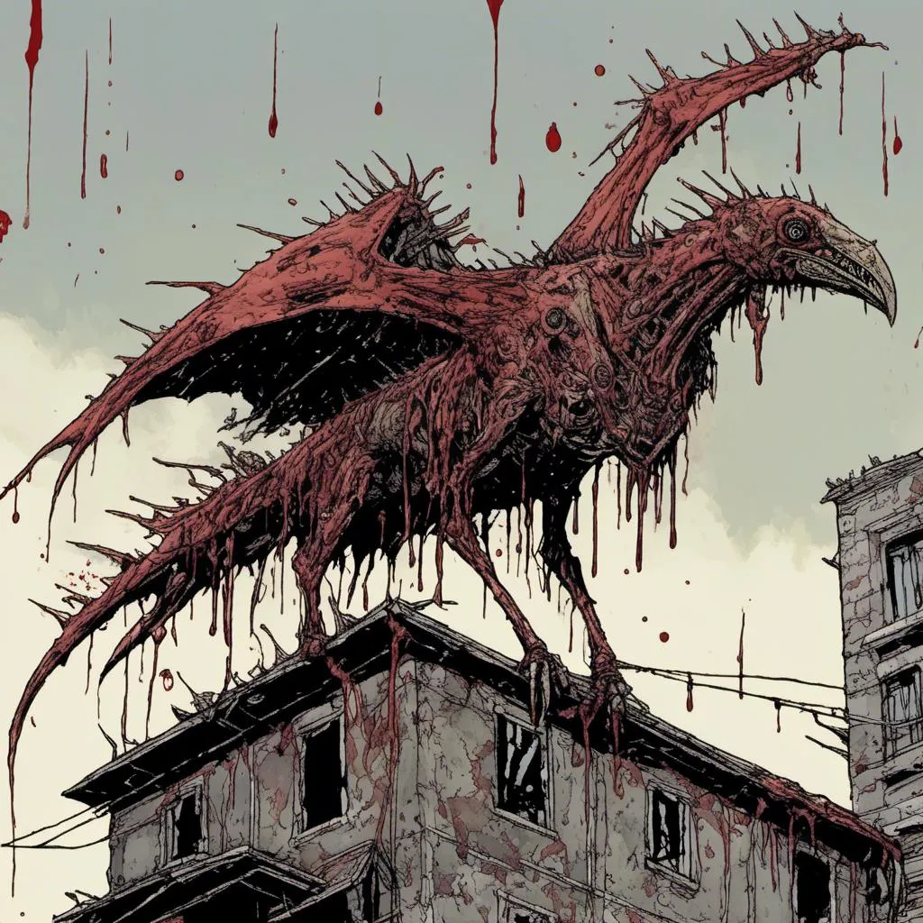 Prompt: giant pterodactyl-like creature covered in blood, perched on a building, in <mymodel> style